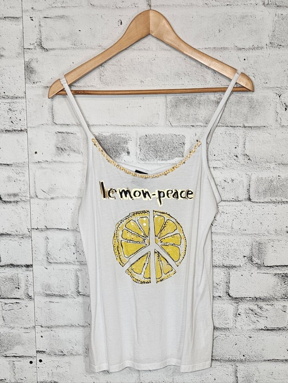 Desigual Lemon Peace Graphic Tank Top Gold Chain Trim NWT Size L